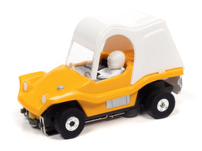 Yellow and white toy car with clear windows and black wheels for Auto World SC367