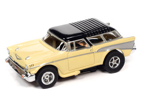Yellow and black classic car slot car, viewed from the side for Auto World SC368