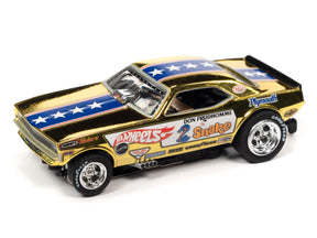 Gold Hot Wheels slot car with blue stars, featuring "Snake" text for Auto World SC369