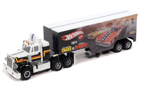 Toy truck and trailer set featuring a 1971 snake vs. mongoose theme for Auto World SC371