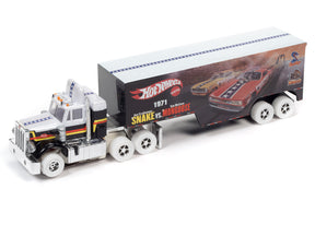 Toy truck and trailer set featuring 1971 Snake vs. Mongouse race cars for Auto World SC371