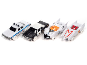 Four toy cars: police, black sedan, white jet, and red sports car for 4 Cars SC372