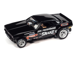 Black Hot Wheels drag car, Don Prudhomme's Snake II, on white background for Auto World SC376
