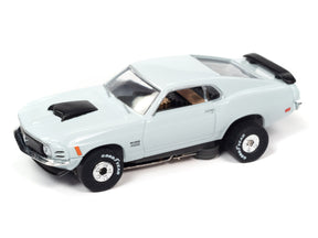 White slot car, 1969 Ford Mustang, viewed from the side for Auto World SC377