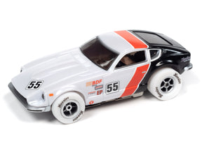 White and black slot car with "55" on the side for Auto World SC378