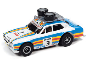 Blue and white Ford sedan toy car with rally roof rack for Auto World SC380