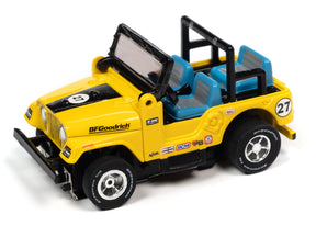 Yellow off-road toy vehicle with blue accents and black roll cage for Auto World SC380