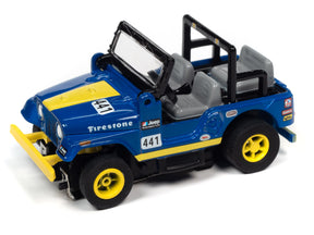 Blue and yellow toy jeep with black roll cage and four wheels for Auto World SC380