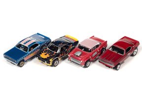 Four slot cars lined up: blue, black/yellow, red, and red for Auto World SC382