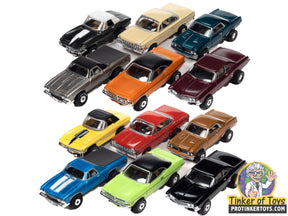 Collection of miniature slot cars in various colors and styles for Auto World SC390