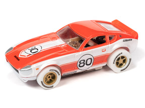 Red and white slot car with "Datsun" and "80" markings for Auto World SC391