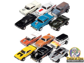 Assortment of 12 slot car toy cars in various classic styles for Auto World SC392