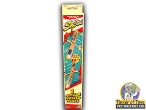 Two propeller-powered model airplanes in a cardboard box for Guillow’s GSSTP