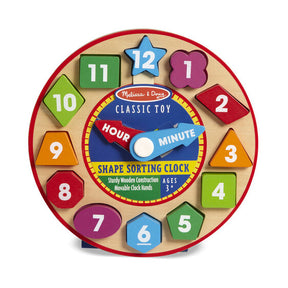 Wooden shape sorting clock toy with movable hour and minute hands for learning time for Melissa and Doug 8593