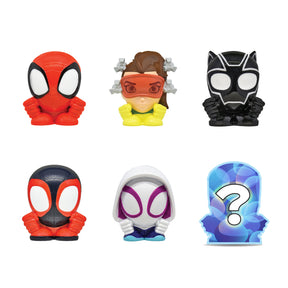 Spidey and friends character figures: Spider-Man, Ironheart, Black Panther, and question mark for Schylling 52169