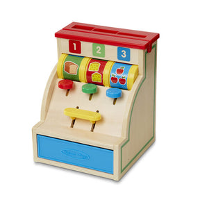 Toy cash register with numbered slots and apple-themed spinning game for Melissa and Doug 3378