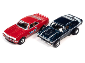 Red Camaro and blue Nova die-cast cars side-by-side for Auto World SRS337SC