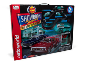 Slot car race set box featuring cars and track components for a showroom shootout for Auto World SRS337
