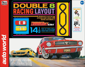 Slot car racing set featuring Ford and Chevy cars on a double loop track for Auto World SRS341