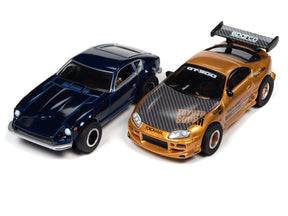 Blue Supra and gold Z sports cars on white background for Auto World SRS342SC