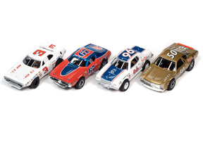 Four slot car stock car models from the 1971-1976 Victory 400 race for Auto World SRS345SC