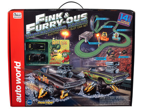 Slot car racing set featuring Rat Fink and underground racing action for Auto World SRS347, front view
