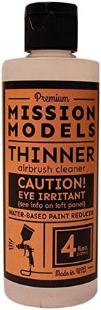 Brown spray bottle labeled "Mission Models Thinner," a paint reducer for Humbrol AMMA-003