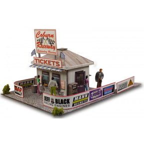 Model kit of a racetrack ticket and gate entrance display for Innovative Hobby Supply BK6406