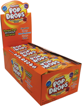 Box of Tootsie Pop Drops chewy candy, featuring chocolate, cherry, and grape flavors for Mountain Sweets 20262