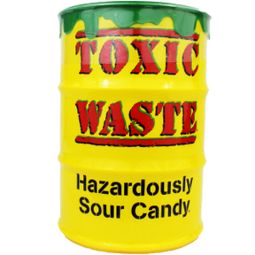 Yellow drum labeled "TOXIC WASTE" with "HAZARDOUSLY SOUR CANDY." for Mountain sweets 00189
