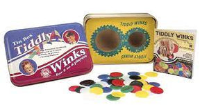 Tiddly Winks game set with tin box, playing pieces, and instruction card for Channel Carft TTW