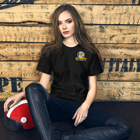 Woman wearing a dark t-shirt with a colorful logo, sitting on wooden planks for 5981870_9575