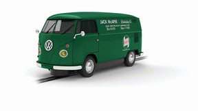 Green VW T1b bus slot car with Castrol livery on tracks for Scalextric C4303