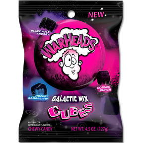 Assorted colored, chewy candy cubes in a black and pink wrapper for Nassau Candy 47283