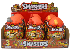 Three colorful, egg-shaped toys with dinosaur designs, ready for collection for Mattel 7473SQ1